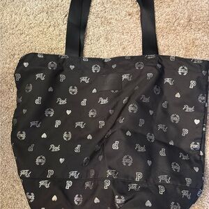 Victoria’s Secret PINK Black Tote Bag Silver Logo Gym Travel